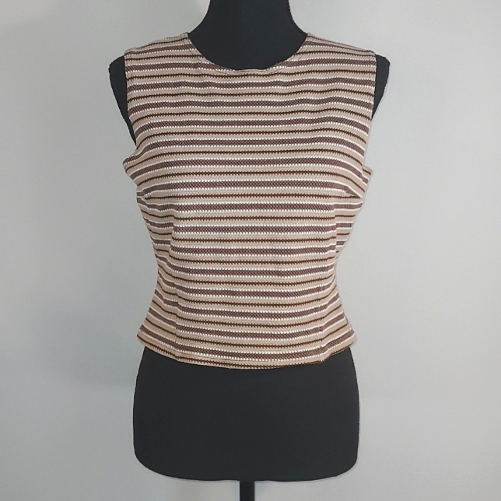 Vintage 90's Y2K Ellemenno Brown Tan White Striped Sleeveless Cropped Top Size L